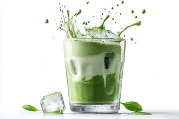 Isolated glass of iced matcha latte with creamy swirls modern kitchen setting high-quality image refreshing beverage vibrant green captivating presentation
