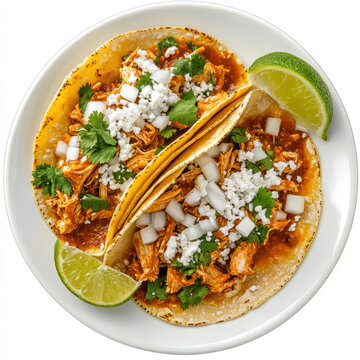 A plate of chicken tinga tacos, chicken tinga served in warm corn tortillas, with onions, cilantro, and lime wedges, topped with crumbled cotija cheese, isolated on clean white background.