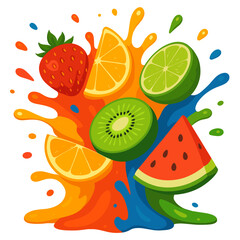 Fruit Blast Vector Illustration - Lemon, Orange, Kiwi, Watermelon, Strawberry, juicy, juice, paint, colorful, advertisement, fruity, summer, drink, drops, splats, ink, red, green, blue, yellow, pink