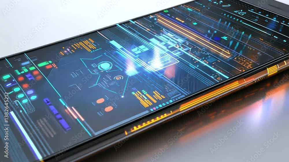Poster futuristic mobile phone technology: a cutting-edge smartphone with a high-tech interface displays da