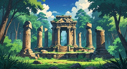 Ancient temple ruins surrounded by dense forest anime cartoon style illustration artwork design background