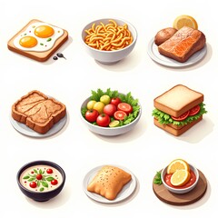 Colorful Food Selection Featuring Breakfast, Lunch, and Dinner Items