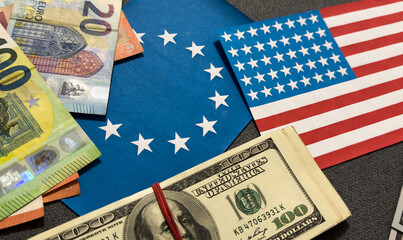 cash euro banknotes and european union flag, money inflation, finance economics business, economic growth, economic crisis, euro money and europe flag © Angelov