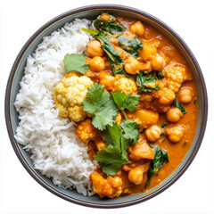 A vibrant bowl of cauliflower and chickpea curry, with tender cauliflower florets, chickpeas, and spinach, simmered in a creamy coconut milk-based curry sauce, served with basmati rice and garnished