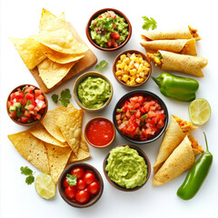 A festive table setting featuring a colorful array of Mexican appetizers, including mini quesadillas, taquitos, guacamole, salsa, and tortilla chips, perfect for a party or celebration. isolated on