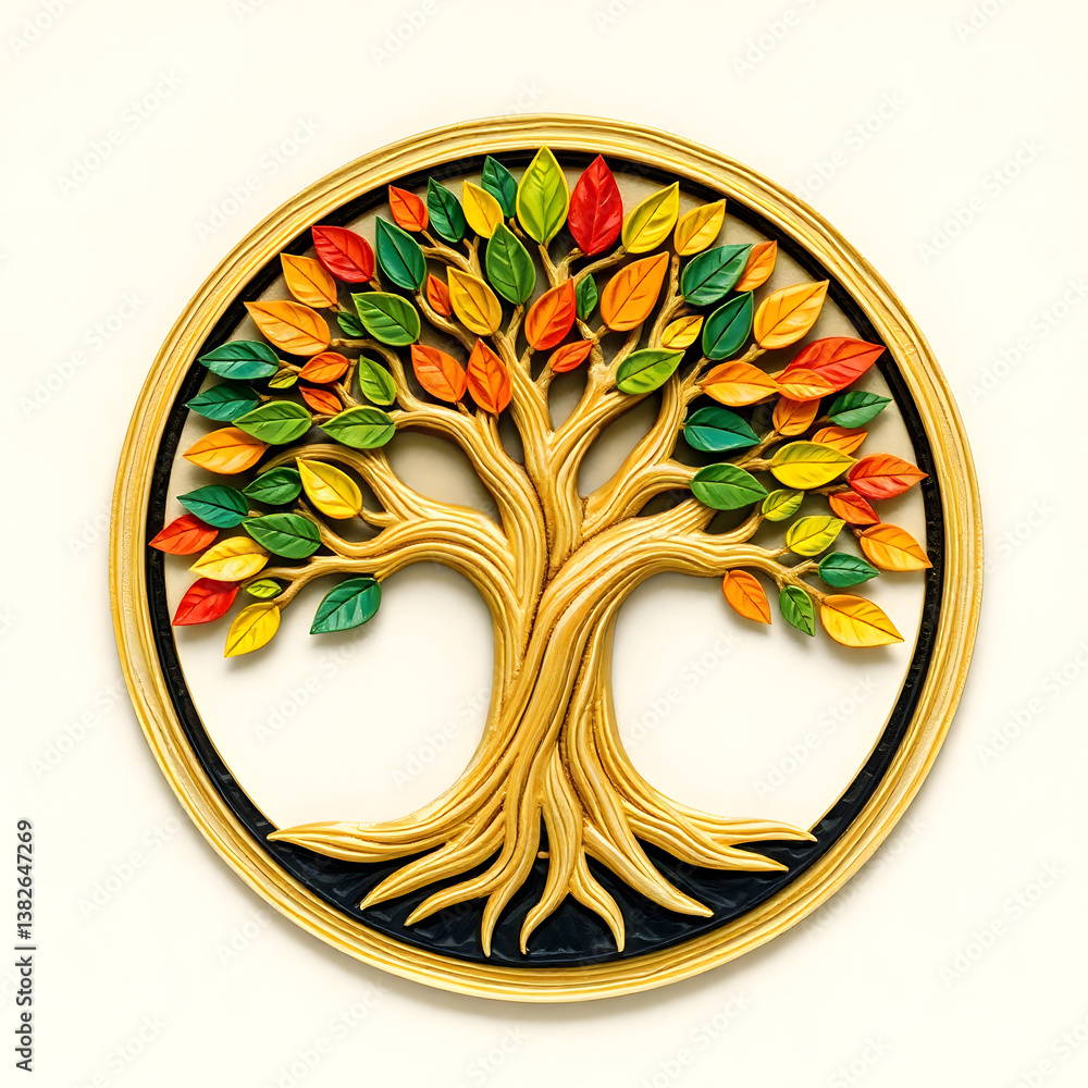 Fototapete a digital illustration of a tree of life symbol, a root within a circle, rendered in layered paper c