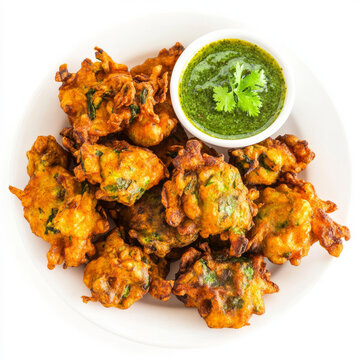 A plate of vegetable pakoras, with crispy fritters made from mixed vegetables and gram flour, served with mint chutney, isolated on clean white background.