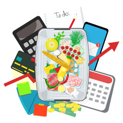 Infographic vector illustration basket with grocery products, calculator with smartphone, to do list and envelope with notes laying around. Living cost inflation and budget planning.