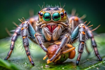 Drone Close-up: Bold Jumping Spider Devouring Fly