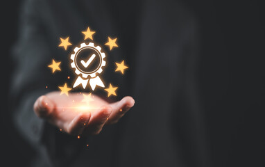 Business people showing ideas warranty, international standard, ISO quality certification and quality guarantee mark, Excellent accreditation in the industry, Certified product symbol.