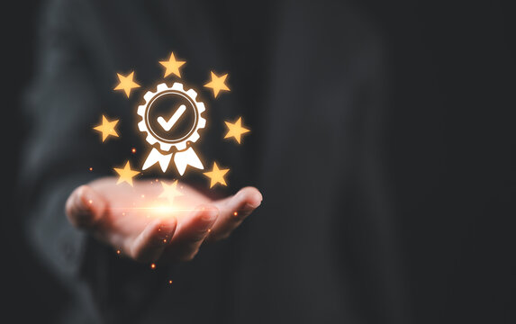 Business people showing ideas warranty, international standard, ISO quality certification and quality guarantee mark, Excellent accreditation in the industry, Certified product symbol.