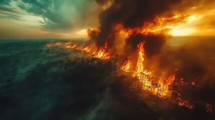 Amazon forest consumed by wildfires, with dark smoke rising into the sky, wildlife scrambling for survival, and the impact of climate change on South Americas fragile ecosystem