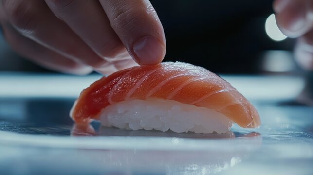 Crafting culinary excellence: a sushi chef perfecting salmon nigiri artistry