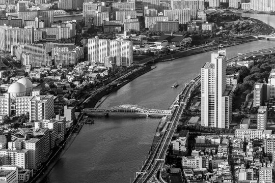 Fototapeta Monochrome cityscape of Tokyo Sumida district, highlighting the intricate network of streets and traditional buildings along the Sumida River