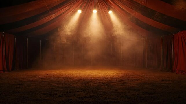 A dim lit circus tent with spotlights and a smoky atmosphere