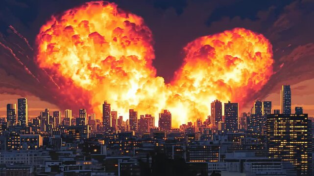Apocalyptic pixel art of city explosion, stock video footage for end of world scenario, retro 8 bit cityscape destruction with fire and smoke, warning message clip.