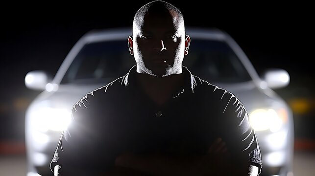 A silhouetted man standing in front of a car at night