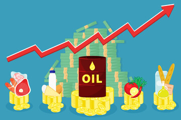  Infographic vector illustration of grocery main products and oil barrel stand on coins stacks with red arrow rising up. Living cost inflation and budget planning.