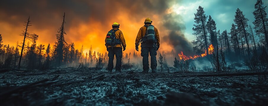 Firefighters standing tall amidst a forest fire aftermath
