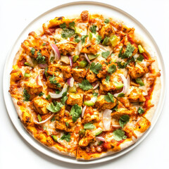 A plate of chicken tikka masala pizza, with a pizza topped with chicken tikka masala, onions, and peppers, garnished with cilantro, isolated on clean white background.