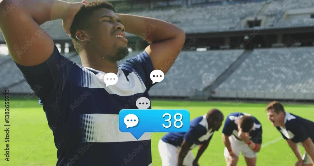 Poster on field, rugby player with animation chat bubbles and number 47 overlay
