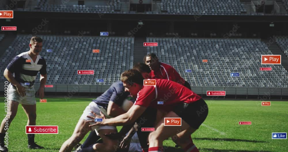 Poster rugby players tackling on field with animation of digital play and subscribe buttons