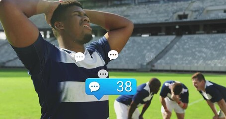 On field, rugby player with animation chat bubbles and number 47 overlay - Powered by Adobe