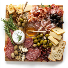 An artful arrangement of a charcuterie board, featuring a variety of cured meats, artisan cheeses, olives, and crusty bread, drizzled with honey and garnished with fresh rosemary. The charcuterie