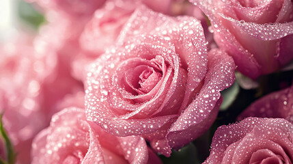 Elegant Pink Roses Adorned with Sparkling Water Droplets, Captured in a Soft and Delicate Light