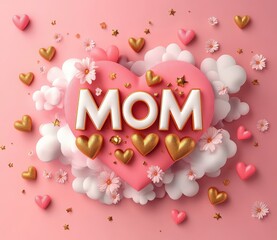 happy mother’s day greeting card with heart-shaped text and gold accents