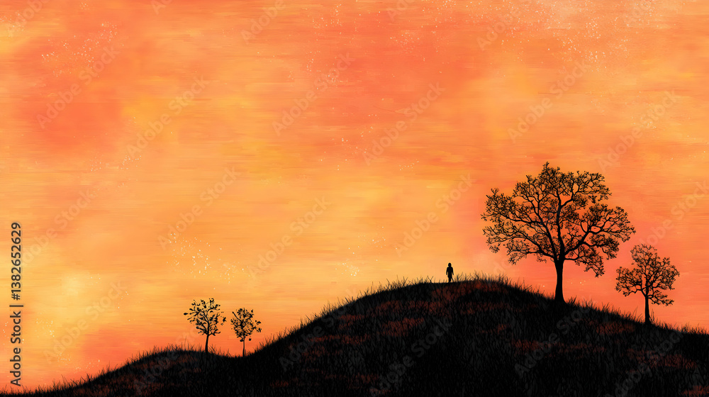 Wall mural silhouette of person on hill against orange sunset and starry sky