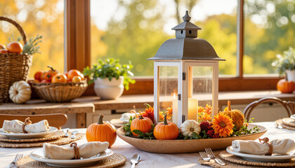 Fototapeta premium Autumn harvest lantern centerpiece on kitchen table, seasonal charm