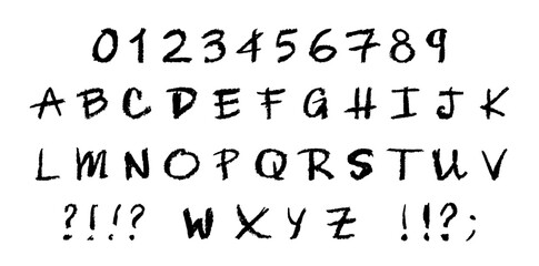 English alphabet and numbers 0-9, hand-drawn in a black wax crayon or charcoal style on a board. Highlighter effect, perfect for kindergarten drawing, learning and creative design. Vector illustration