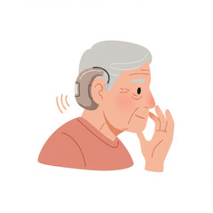 Charming elderly woman wearing hearing aid. Grandparent with hearing loss issues communication and connection with the world for print, book illustration