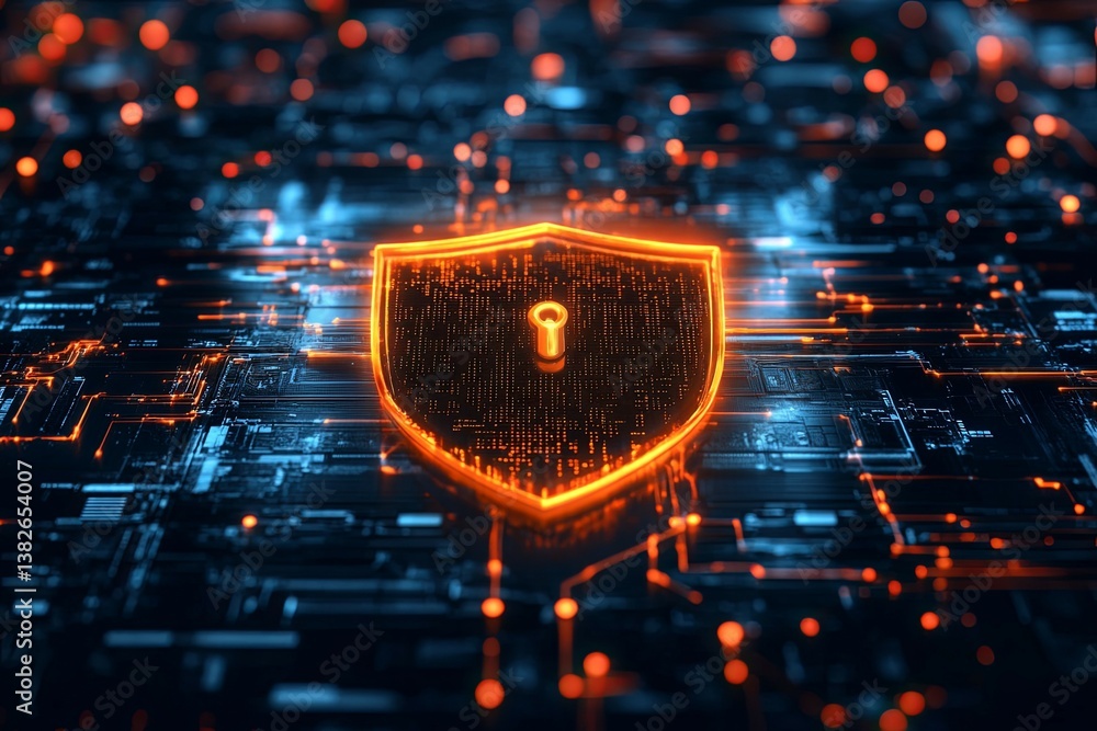 Wall mural an illuminated shield representing data protection over a circuit board