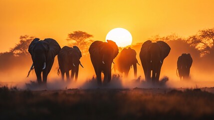 Fototapeta premium A herd of elephants walking towards the setting sun