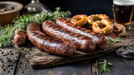 Grilled German sausages with pretzels and herbs on a rustic wooden board with beer in the background.

