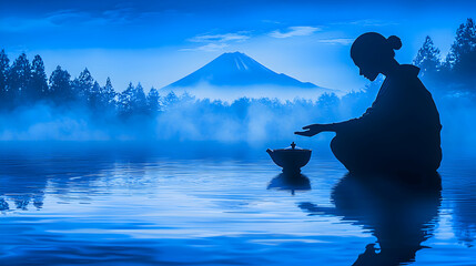 Silhouette of Woman by Misty Lake at Sunrise with Mountain Background