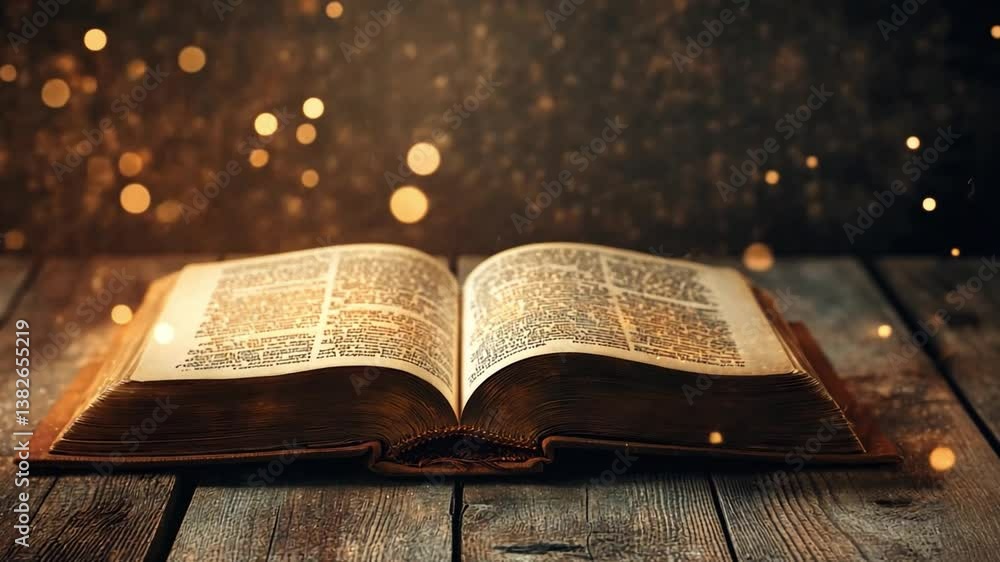 Poster open vintage book with illuminated pages against a blurred background of golden bokeh, evoking a sen