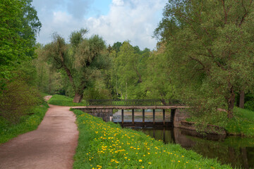 Slavyanka River Valley and the Black Bridge in the landscape part of the Pavlovsk Palace and Park Complex on a sunny summer day, Pavlovsk, Saint Petersburg, Russia