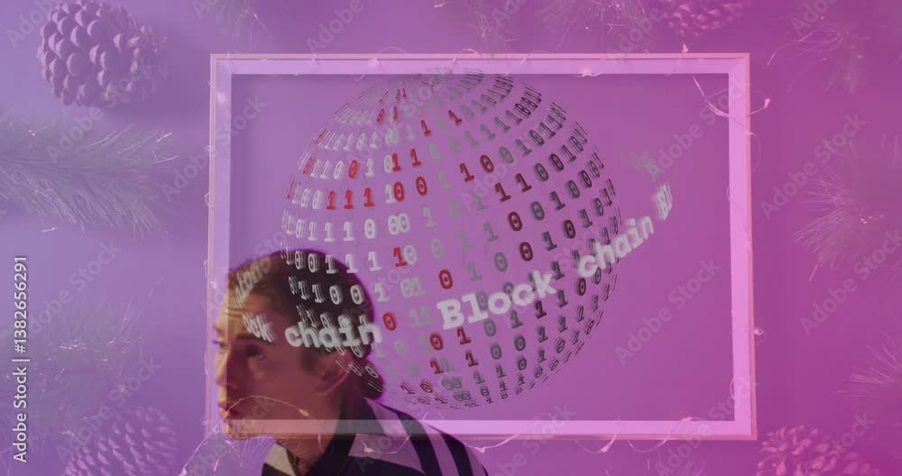 Poster blockchain text and binary code animation over person in striped shirt