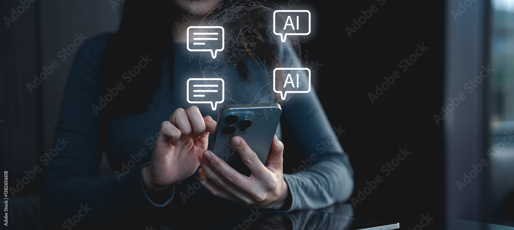 Poster a person using a smartphone, interacting with ai chat features, illuminated in a dimly lit environme
