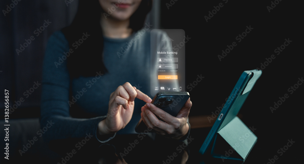 Poster a woman interacts with a smartphone displaying a digital interface, set in a dimly lit environment, 