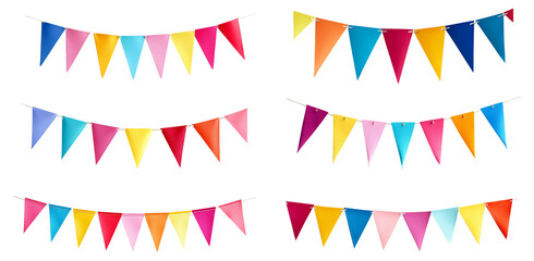 Obraz premium Set of Colorful triangle bunting flags for party or event decoration isolated on transparent background.