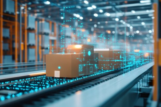 Smart parcel tracking system in automated warehouse logistics center background
