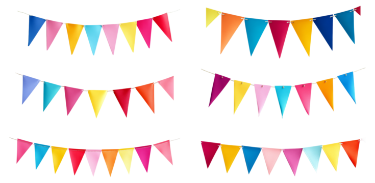 Set of Colorful triangle bunting flags for party or event decoration isolated on transparent background.