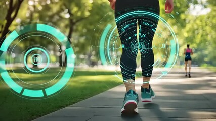 Person jogging on a sunny park path with digital fitness metrics overlay and another runner nearby - Powered by Adobe