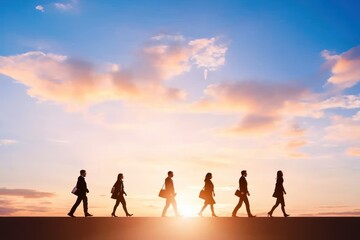 Business team walking at sunset against sky. Motivation concept usage