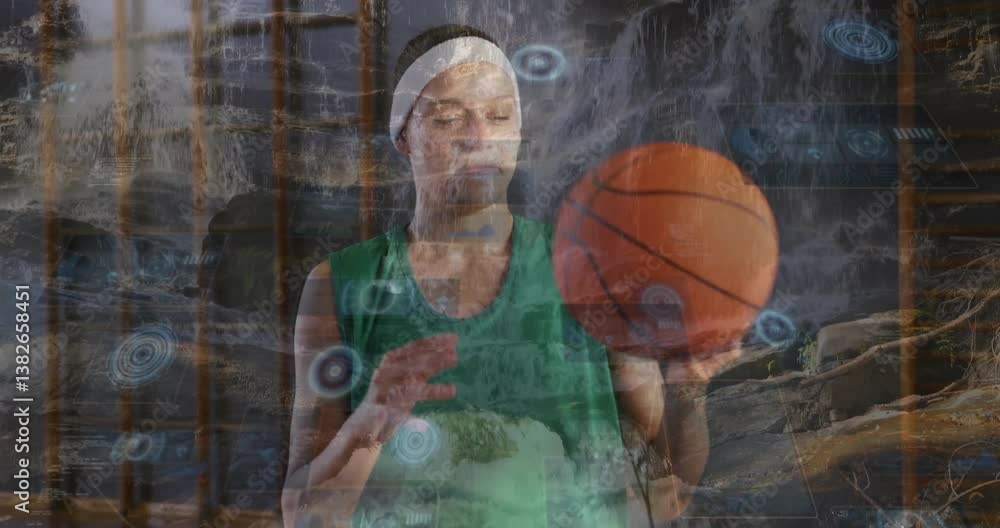 Poster dribbling basketball, player with digital data processing animation overlay in gym