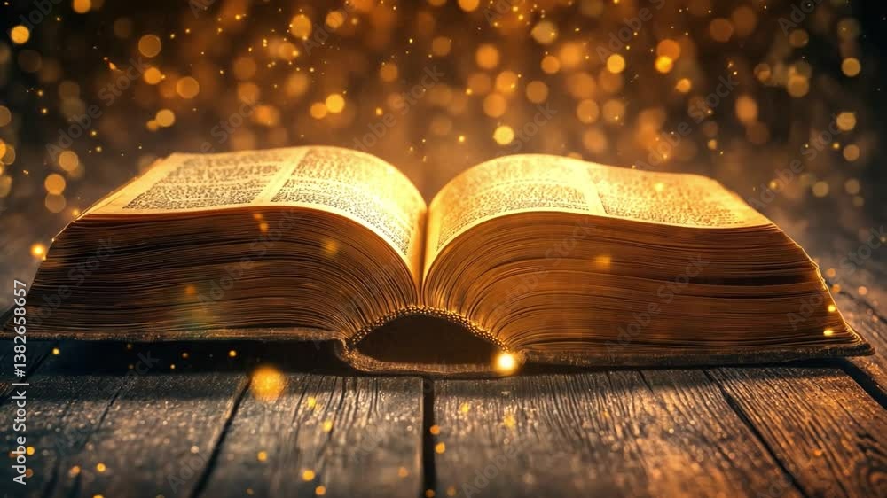 Poster mystical open book with glowing particles and warm lighting on rustic wooden surface - enchantment a